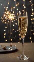 Champagne glass and sparklers with golden bokeh lights