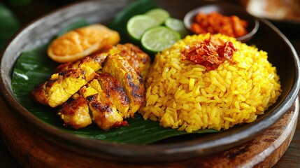 Fototapeta premium Delicious Turmeric Rice with Grilled Chicken and Lime