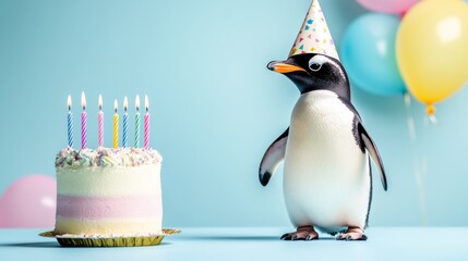 Cute Penguin Wearing a Birthday Hat Next to a Birthday Cake With Candles, Studio Photo With Colorful Balloons In The Back, Birthday Party Concept
