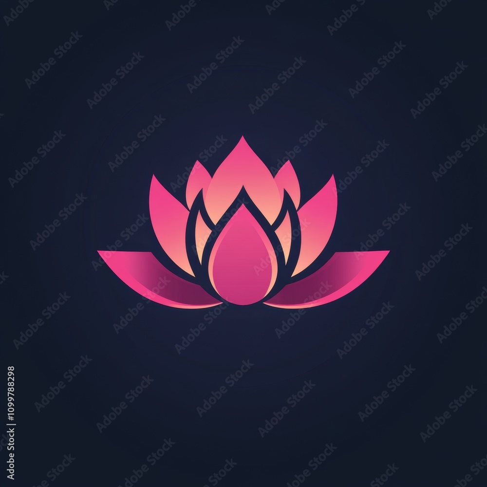 Poster a simple vector logo design of a lotus flower, with a pink gradient color on a dark background