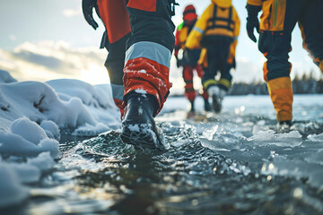 Coast Guard Lifeguard Crew Conducting Ice Rescue Operation on Frozen Water