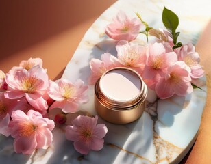 cosmetic product mockup luxurious skincare jar on colorful marble surface with pink flowers in sunlight