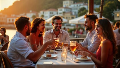 Group enjoys seaside dining at golden hour. Friends laugh and have fun together. Warm light illuminates the waterfront setting. Table set with drinks and food. Relaxed atmosphere by the sea.