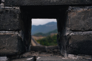 View of Chinese Great Wall through a watchtower, near Beijing, china