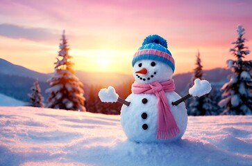 Obraz premium Cute snowman stands tall in a pile of snow, silhouetted against a vibrant sunrise.