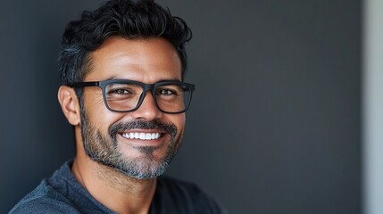 Fototapeta premium Smiling Hispanic Man with Sleek Glasses Posing in Front of Gray Wall