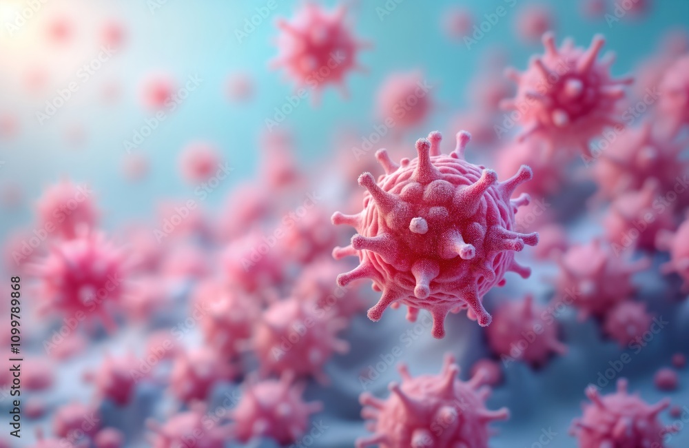 Poster pink microorganisms float in light blue fluid. close-up view shows complex structures, details. micr