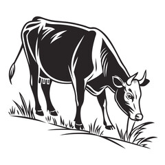 Black vector Silhouette and Outline of a cow is eating grass Isolated on white background