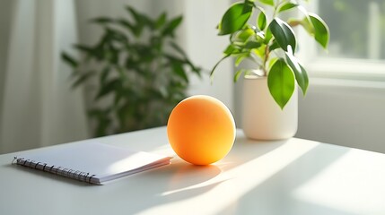 A serene workspace with greenery, a planner, and a stress relief ball on a white surface, encouraging mindfulness and stress management 