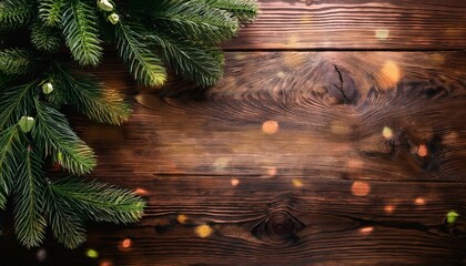 a corner of a rustic wooden table adorned with evergreen branches creating a warm festive atmosphere suitable for holiday decor