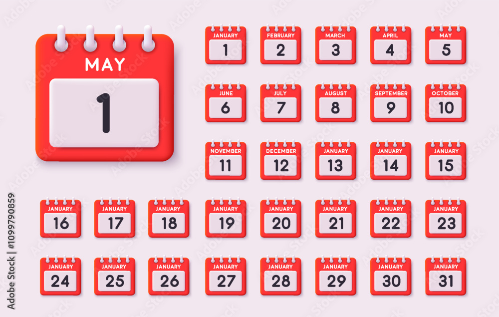 Poster calendar icon with date from 1 to 31. event schedule date. meeting appointment time. 3d web vector i