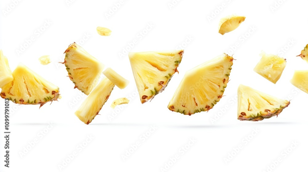 Poster pineapple slices in motion isolated on a white background with a clipping path