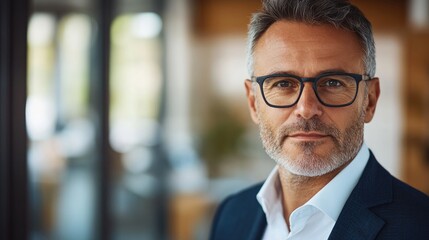 Fototapeta premium Portrait of a mature middle aged businessman in an office setting focusing on corporate leadership and technology in a professional environment