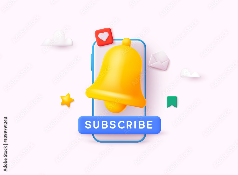 Poster notification bell icon on phone screen. reminder 3d illustration, notifications page with floating e