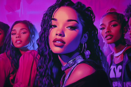 Beautiful rnb girl group performing under vibrant neon lights