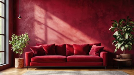 Living room featuring trendy viva magenta hues with a bright sofa as an accent complemented by a plaster microcement wall and rich crimson and burgundy tones in the interior design