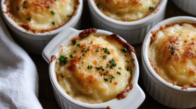 Mini casseroles featuring creamy potatoes and cheese