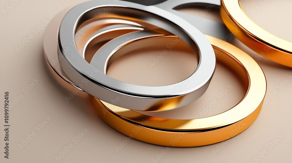 Poster overlapping metallic rings on neutral background in 3d rendering