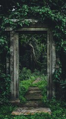 Naklejka premium Overgrown Stone Archway Leading to a Hidden Path in a Lush Jungle