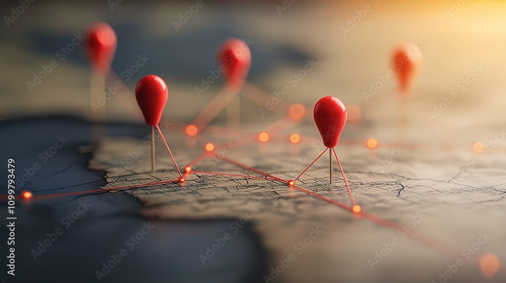 Poster detailed geographic map highlighting red location pins with network connections, illustrating spatia