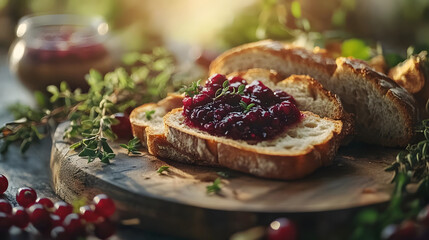 Sliced bread with lingonberry sauce and herbs, rustic wooden board, morning light
