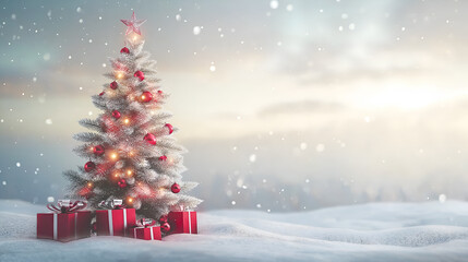 Obraz premium Christmas tree and snow background. Gorgeous elegant Christmas tree with gifts in red and silver on a panoramic snow background