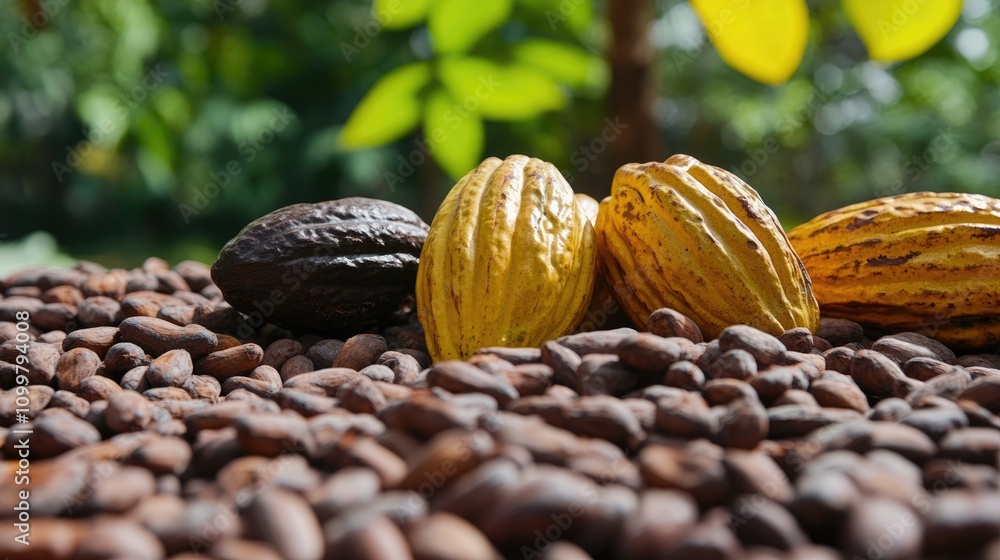 Poster raw cacao beans and cacao fruit with cocoa pods in the background