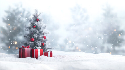 Obraz premium Christmas tree and snow background. Gorgeous elegant Christmas tree with gifts in red and silver on a panoramic snow background