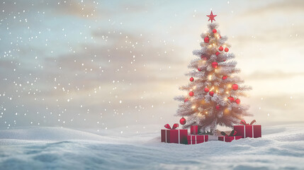 Obraz premium Christmas tree and snow background. Gorgeous elegant Christmas tree with gifts in red and silver on a panoramic snow background