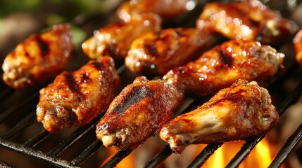 Delicious grilled chicken wings prepared over an open flame Ideal for a picnic setting