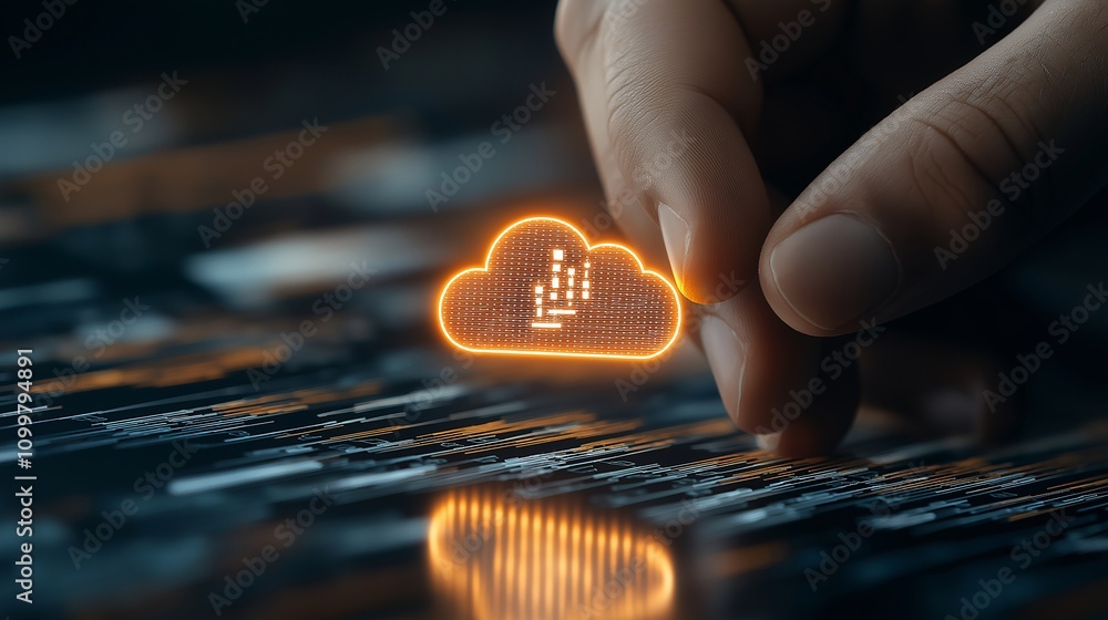 Poster innovative concept of cloud computing with hand placing digital cloud icon on data-related backgroun
