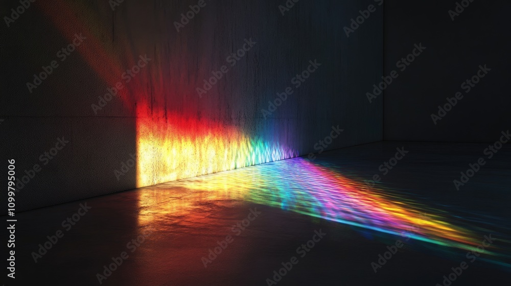 Poster rainbow spectrum effect created on a dark wall as light scatters after passing through a glass objec
