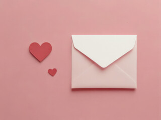 Pink envelope with red hearts on pink background.Monochrome soft pastel background for Valentine's Day, romantic themes or love letters.