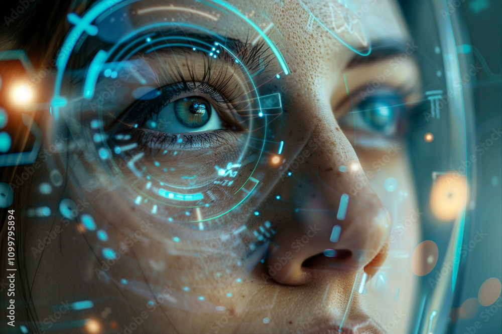 Poster human eye with futuristic cyber projection for virtual security and identity innovation - generative