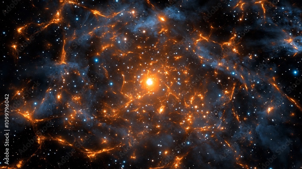 Poster glowing particles forming a galaxy-like pattern in deep space