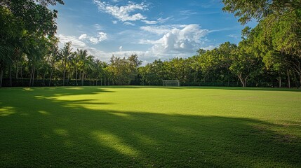 Fototapeta premium Wide shot of a football field in a lush green park setting