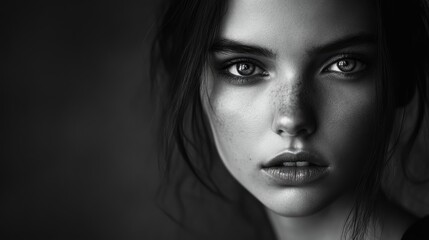 Fototapeta premium Melancholic expression of a striking woman in a monochrome portrait