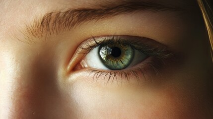 Obraz premium Serene Eyes Realistic Close Up Featuring a Gentle Gaze Against a Subtly Blurred Natural Backdrop