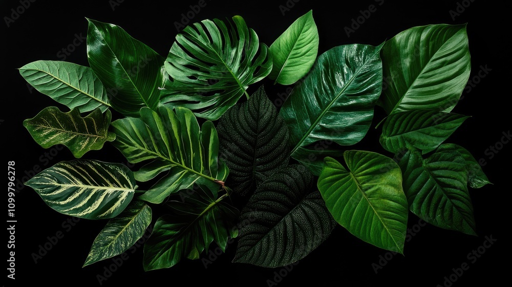 Poster close up of assorted dark green tropical leaves bunches isolated on a black background featuring a c
