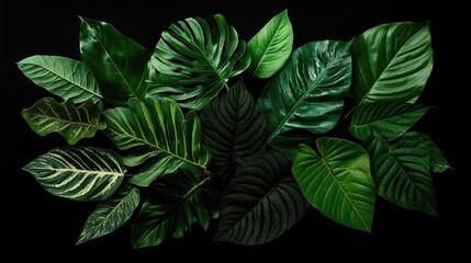 Fototapeta premium Close up of assorted dark green tropical leaves bunches isolated on a black background featuring a clipping path Perfect for design templates and frames with space for text