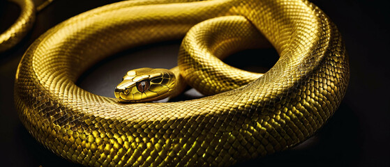 close up of a golden snake, it is dangerous animal, in dark background
