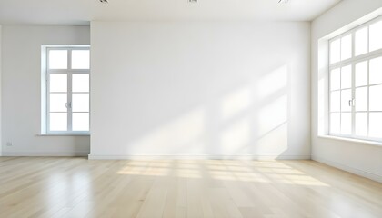 Fototapeta premium Empty room with white walls and wooden floor, large windows letting in natural light