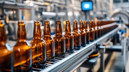 Naklejka premium A banner highlighting a conveyor at a brewery where brown glass bottles move through a production line featuring advanced machinery in an industrial space with room for text