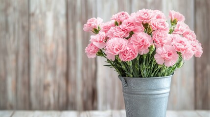 Fototapeta premium Pink carnation flowers in a zinc bucket for a Mother s Day card featuring ample copy space