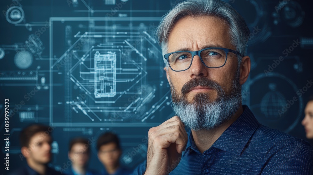 Poster a thoughtful middle-aged man with glasses, surrounded by blurred colleagues, contemplates in front o