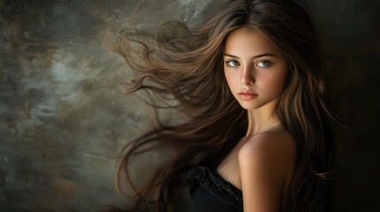 Fototapeta premium Adorable girl with long hair wearing a black dress