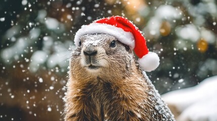Festive Groundhog in a Santa Hat Enjoys Christmas Amidst Gentle Winter Snowfall