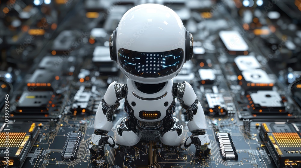 Poster a small humanoid robot sits on a complex circuit board, surrounded by various electronic components,