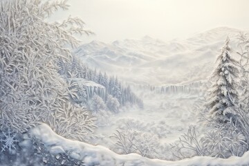 Obraz premium Artistic winter scene with intricate snow and ice details featuring trees and mountains 