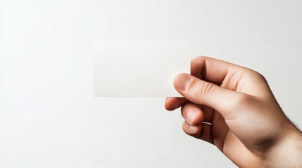 Obraz premium Male hand grasping a blank card or ticket flyer against a white background